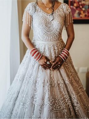 Silver Embellished Indian Formal Gown Wedding Reception Dress